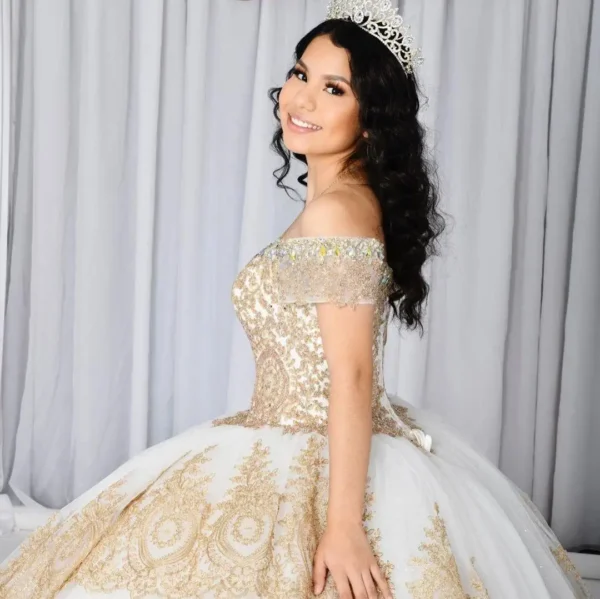 Elegant gold wedding dresses with embroidered off-shoulder, cap short sleeves - Image 4