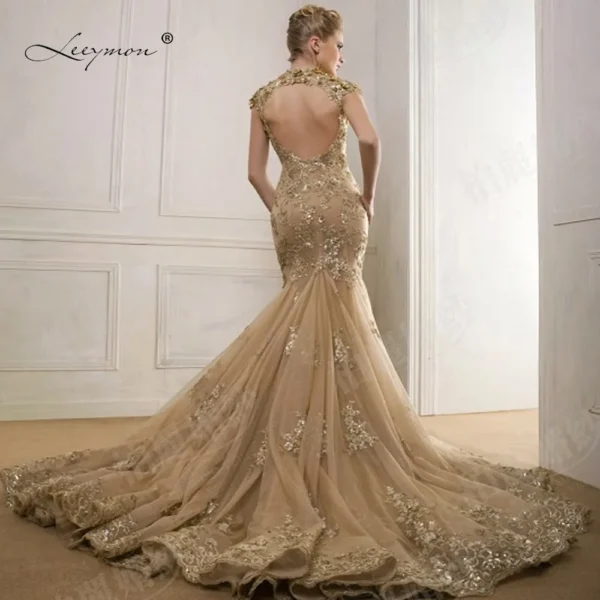 Gold wedding dresses: Leeymon Real Gold Mermaid Open Back Wedding Gown - Image 5