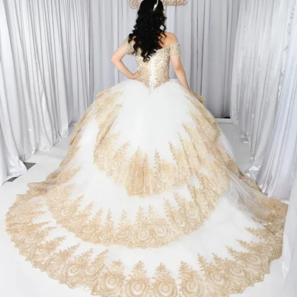 Elegant gold wedding dresses with embroidered off-shoulder, cap short sleeves - Image 3