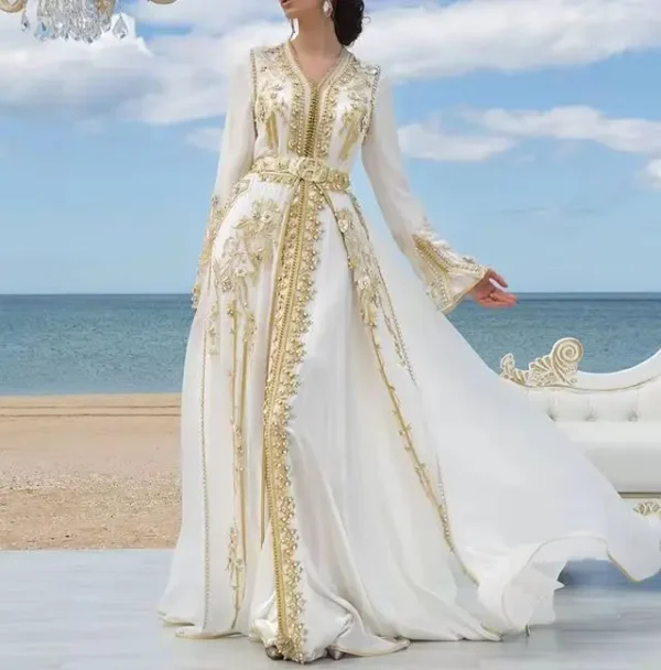 Gold Wedding Dresses: Elegant Chiffon Evening Dress with Beaded Applique