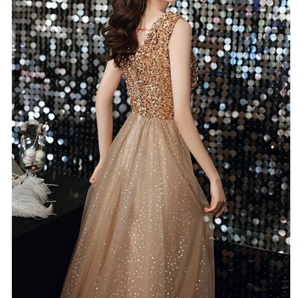 Champagne Gold Bridesmaid Dresses A-Line Sequined Sleeveless Gowns - Image 5