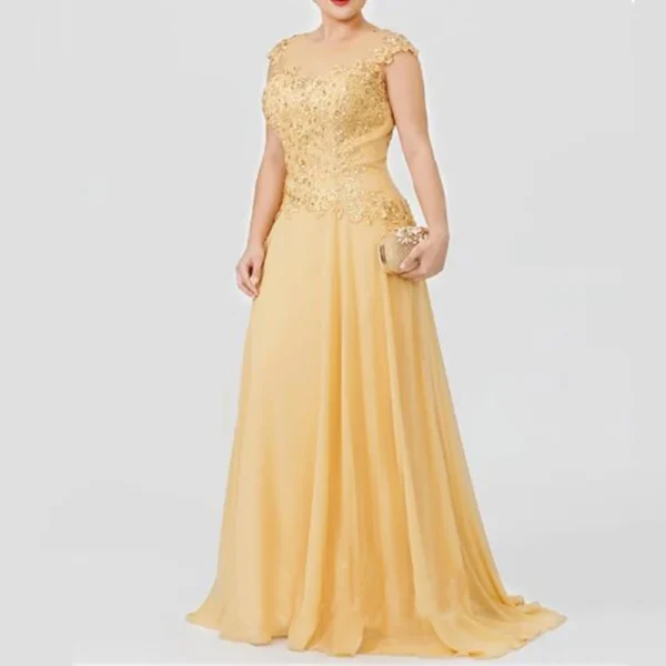 Elegant Gold A-Line Lace Chiffon Beaded Mother Bride Party Dress