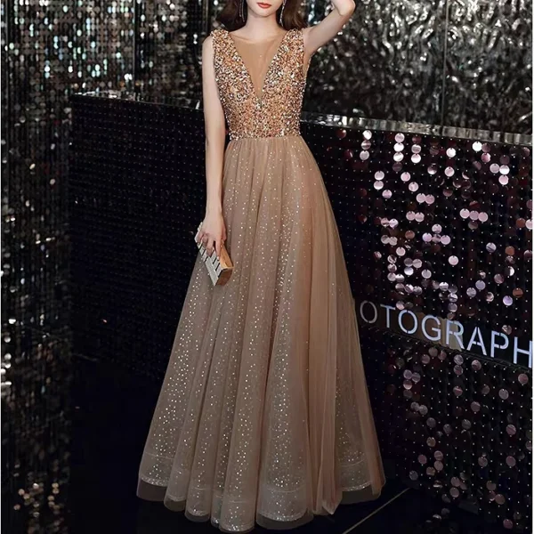 Champagne Gold Bridesmaid Dresses A-Line Sequined Sleeveless Gowns - Image 2