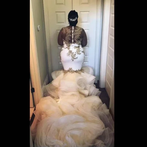 Gold Wedding Dresses Sheer Neck Ruffle Sleeves Tulle Train Bridal Gown - Image 4