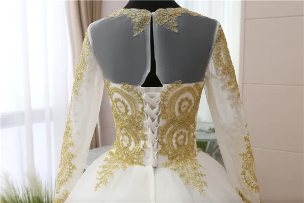 Customized Gold Lace Appliques Full Sleeve Muslim Wedding Dress - Image 5