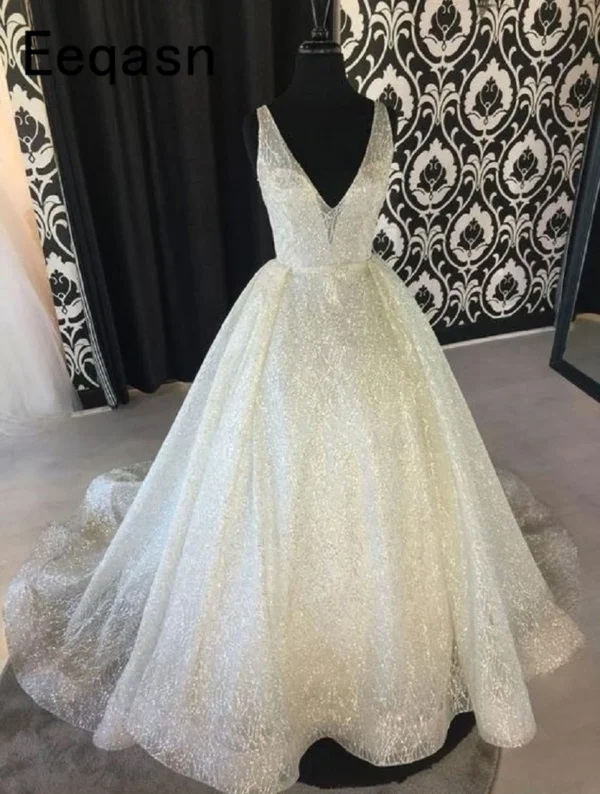 Customized Gold Glitter Sequin Wedding Dress V Neck Dubai Style