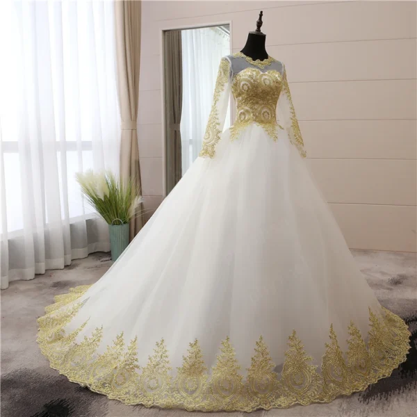 Customized Gold Lace Appliques Full Sleeve Muslim Wedding Dress - Image 2