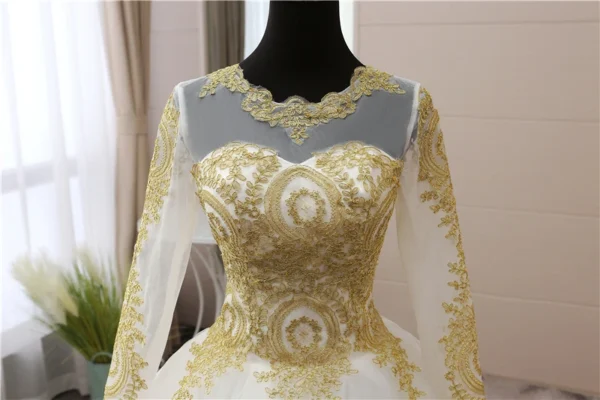 Customized Gold Lace Appliques Full Sleeve Muslim Wedding Dress - Image 6