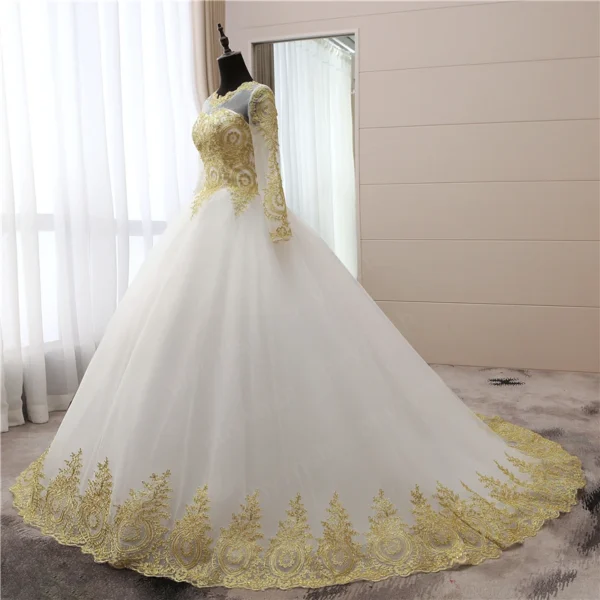 Customized Gold Lace Appliques Full Sleeve Muslim Wedding Dress - Image 4