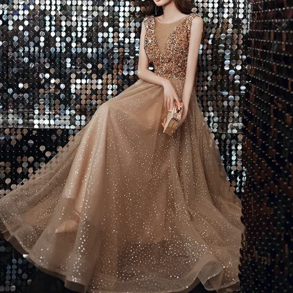 Champagne Gold Bridesmaid Dresses A-Line Sequined Sleeveless Gowns - Image 3