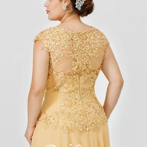 Elegant Gold A-Line Lace Chiffon Beaded Mother Bride Party Dress - Image 5