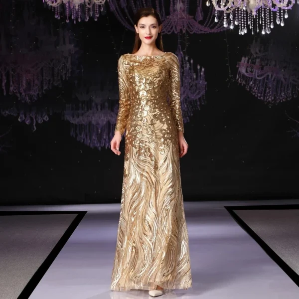 Customized Long Sleeve Sequined Gold Formal Prom Wedding Party Dress