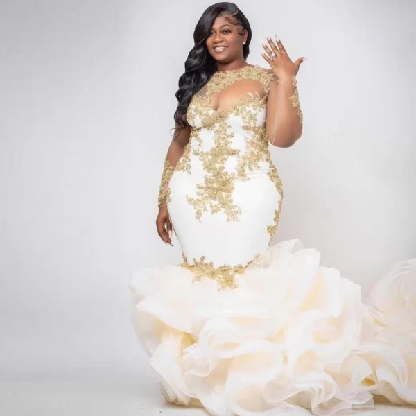 Gold Wedding Dresses Sheer Neck Ruffle Sleeves Tulle Train Bridal Gown