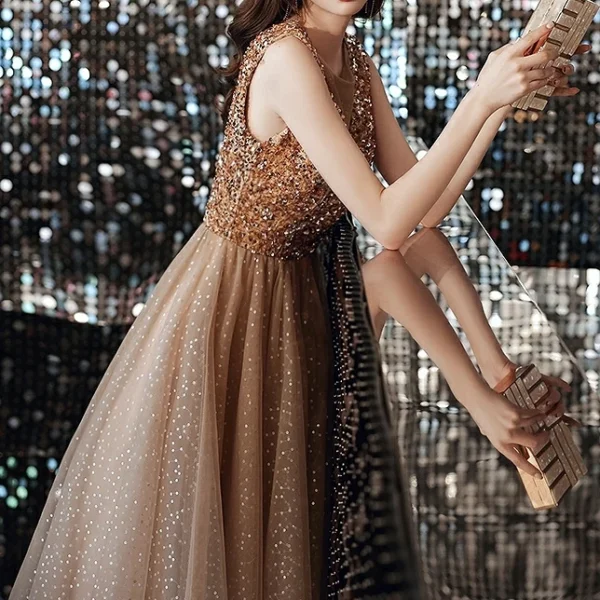 Champagne Gold Bridesmaid Dresses A-Line Sequined Sleeveless Gowns - Image 4