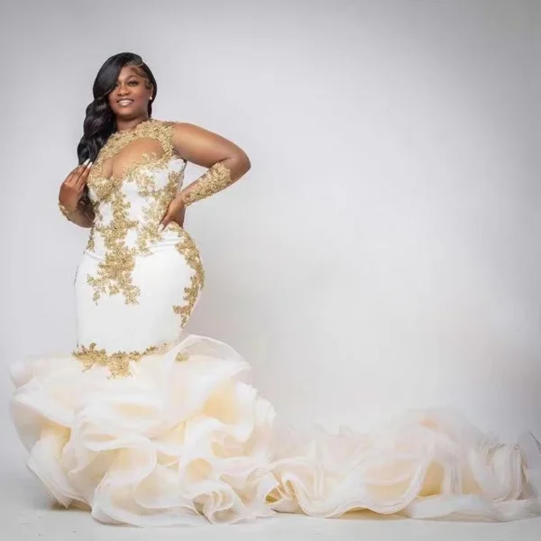 Gold Wedding Dresses Sheer Neck Ruffle Sleeves Tulle Train Bridal Gown - Image 2