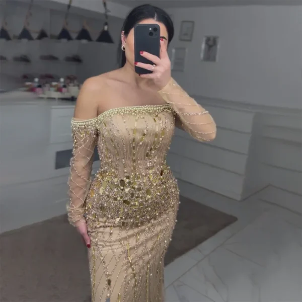 Gold wedding dresses, off-shoulder mermaid beaded elegant party gowns