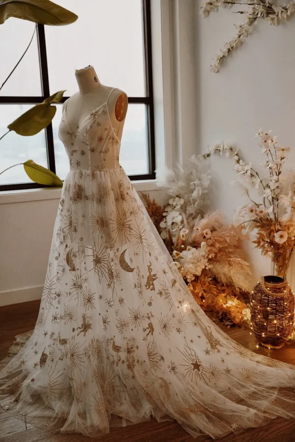 Elegant Ivory Tulle Boho Wedding Dress Golden Celestial Star Gown