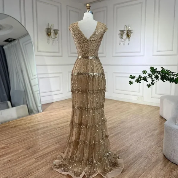 Serene Hill Luxury Dubai Arabic Mermaid Gold Beaded Evening Gown - Image 4