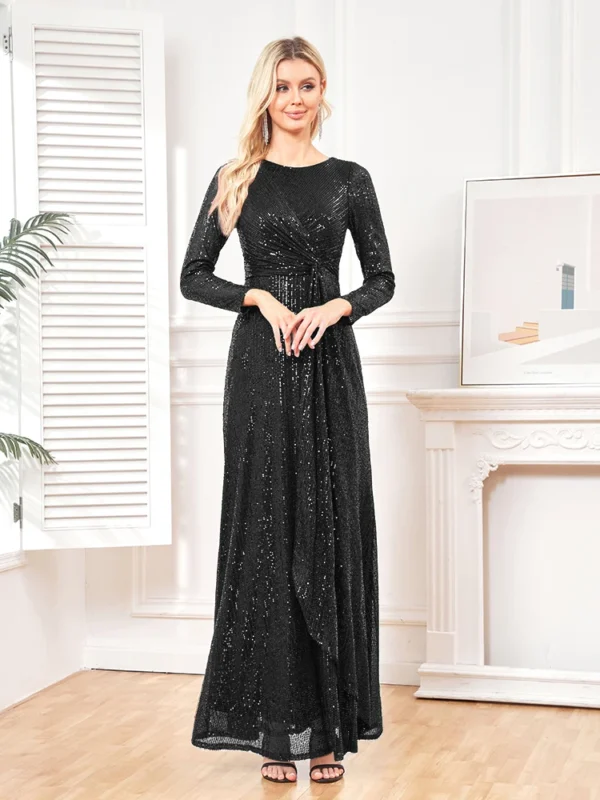Gold Wedding Dresses Elegant Long Sleeve Sequin Evening Prom Dress - Image 3