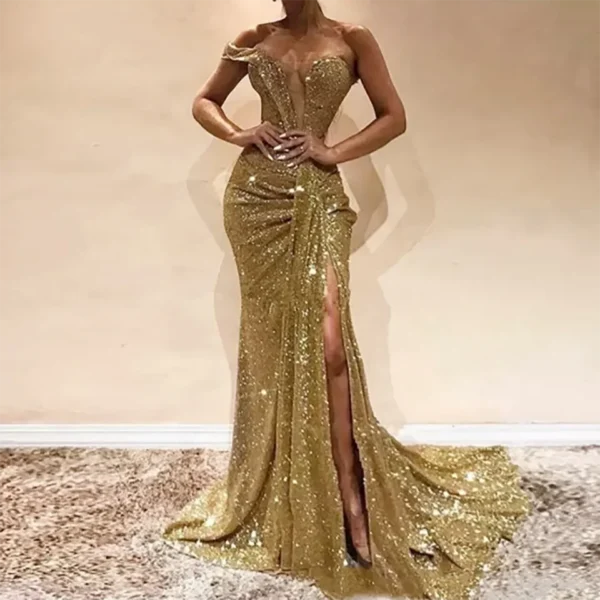 Customized Gold Glitter Beaded High Slit Mermaid Evening Wedding Dress - Image 3