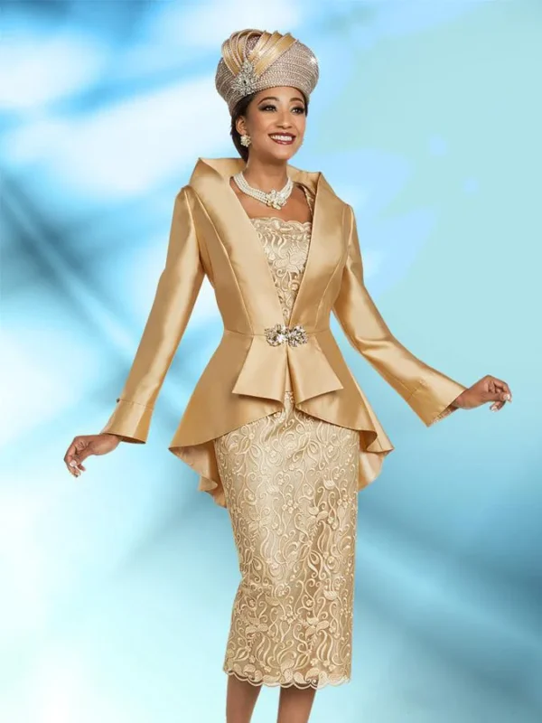 Customized Vintage Gold Wedding Dresses with Satin Jacket and Sleeves - Image 3