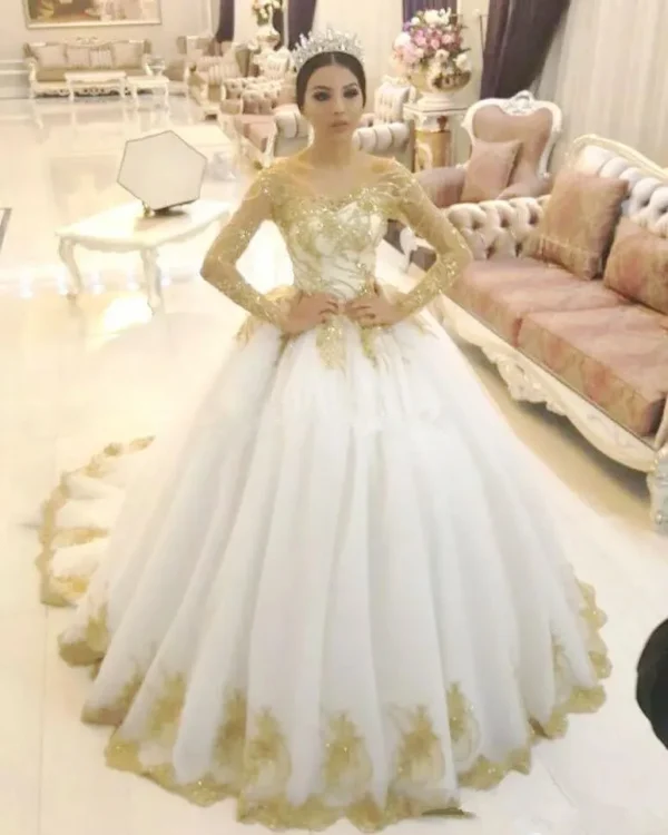 Iridescent White Gold Long Sleeve Wedding Dresses For Women Bateau