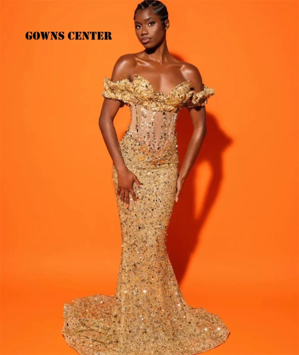 Gold Wedding Dresses: Beaded Off-Shoulder Corset Mermaid Evening Gown