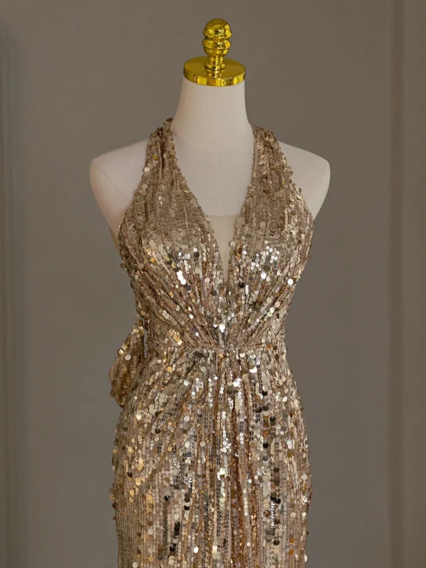 Gold V-Neck Evening Gown Sexy Tulle Backless Sleeveless Ball Dress - Image 2
