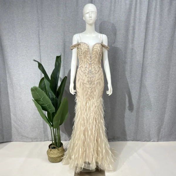 Elegant gold wedding dresses, luxury crystal feathers, Arabic formal gowns