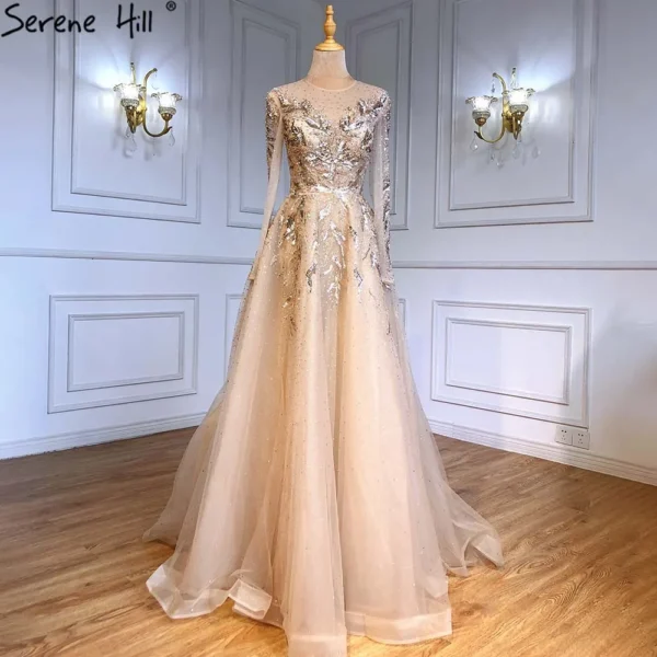 Gold wedding dresses, luxury A-line beaded sparkle evening gowns