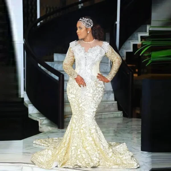 Customized African Lace Wedding Dress With Long Tassels Beads - Image 4