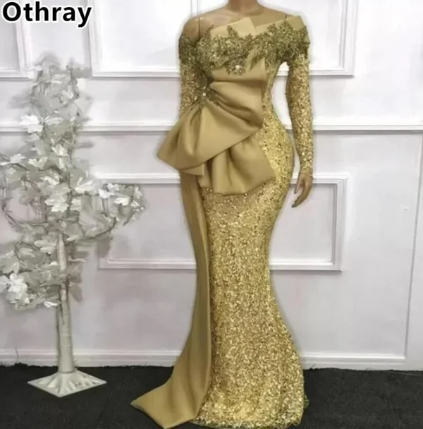 Gold wedding dresses: Lace applique off-shoulder mermaid evening gowns - Image 2
