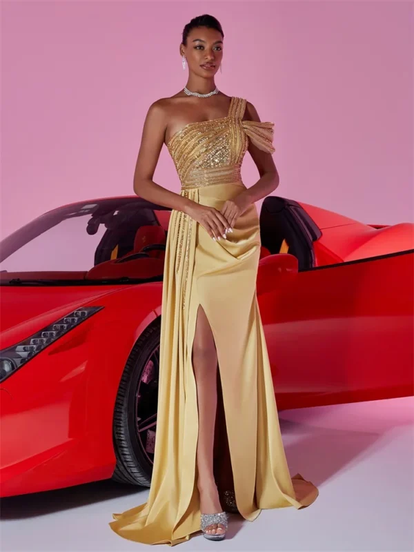 Blueplum Elegant Sequins Gold Evening Dresses Long Satin Gowns Women