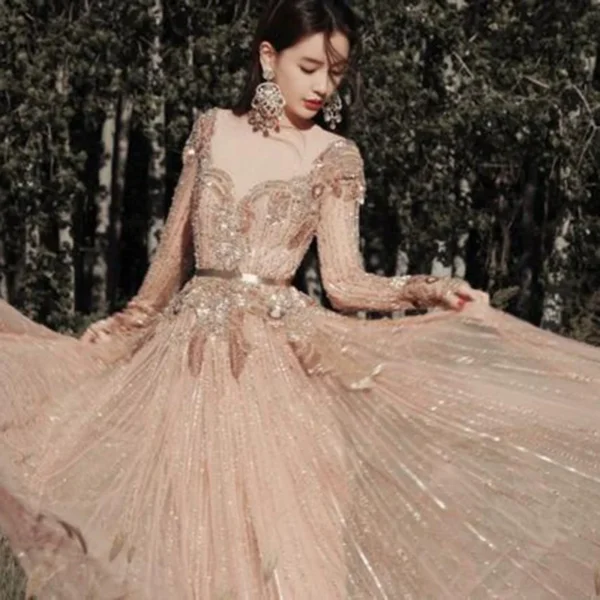 Gold Wedding Dresses Rose Gold Luxury Long Sleeve Muslim Dress Women