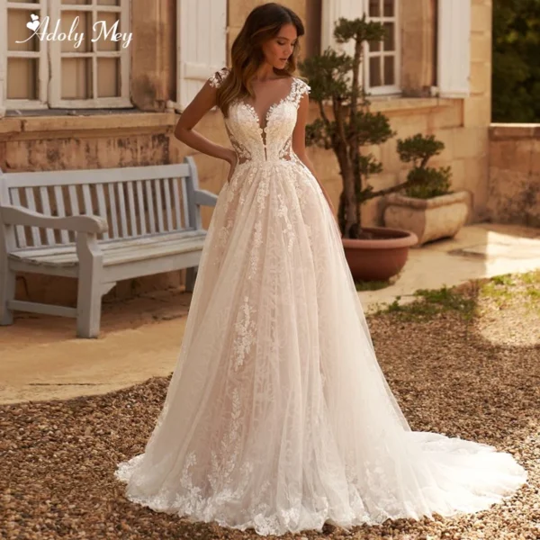 Gold Wedding Dresses Lace A-Line Appliques Scoop Neck Bridal Gown