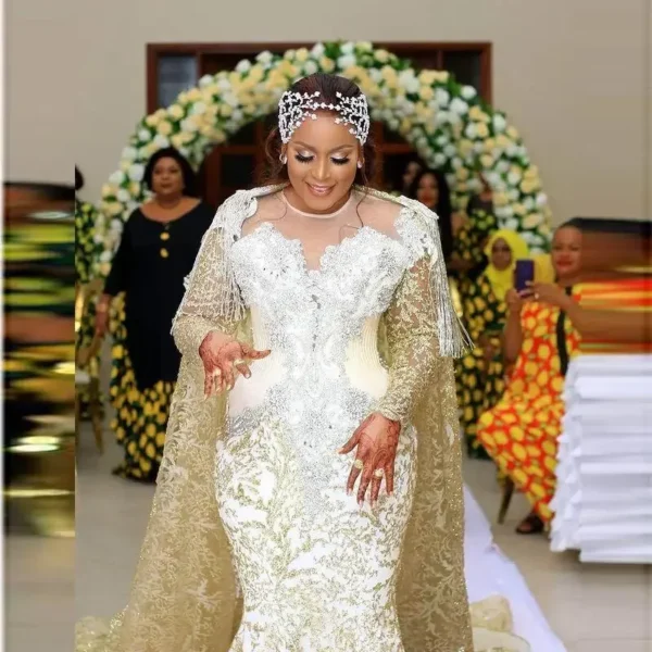 Customized African Lace Wedding Dress With Long Tassels Beads - Image 3