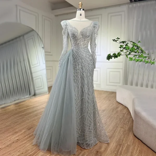 Gold Wedding Dresses: Mermaid Beaded Luxury Evening Gown with Overskirt - Image 5