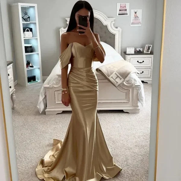 Gold Mermaid Wrap Dress Sweetheart Collar Pleated Bridesmaid Party