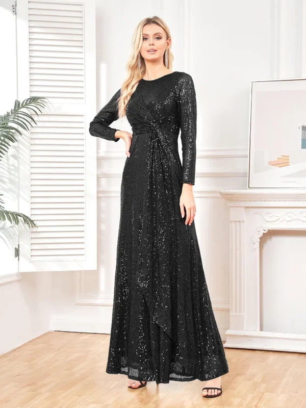 Gold Wedding Dresses Elegant Long Sleeve Sequin Evening Prom Dress - Image 2