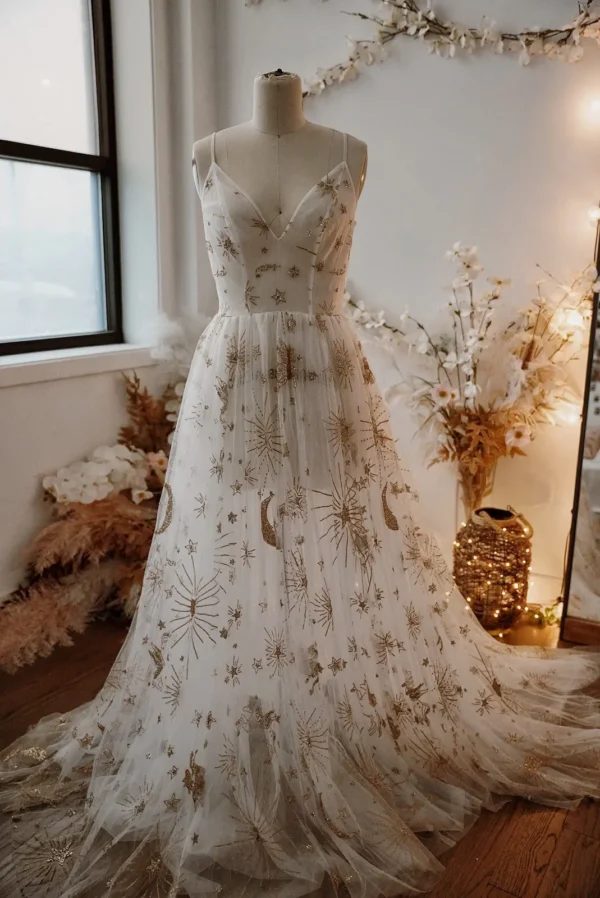 Elegant Ivory Tulle Boho Wedding Dress Golden Celestial Star Gown - Image 4