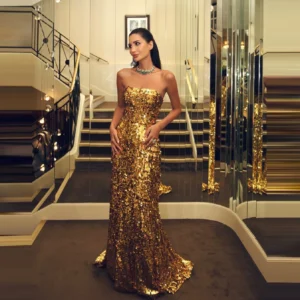 Sparkling Gold Sequin Evening Dress Strapless Mermaid Prom Gown