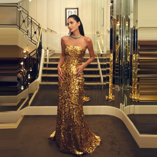 Sparkling Gold Sequin Evening Dress Strapless Mermaid Prom Gown