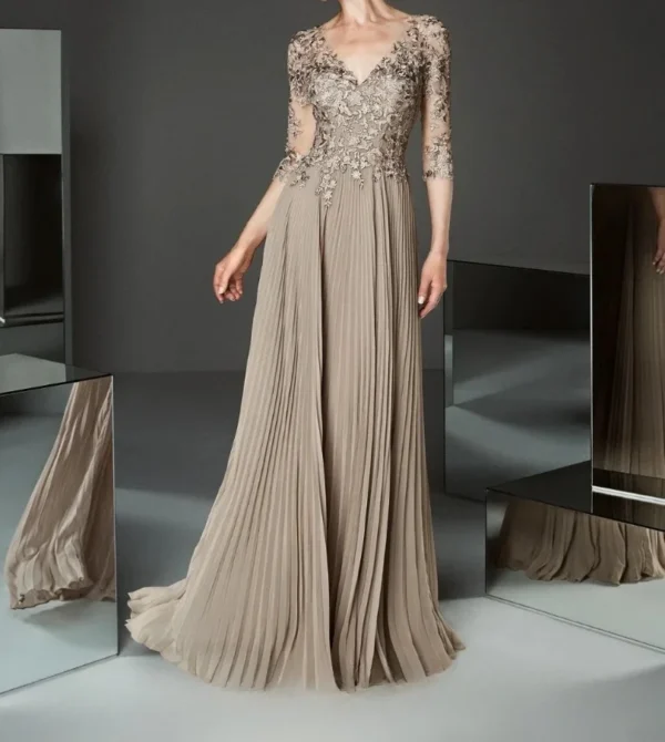 Gold Wedding Dresses: Elegant Champagne Lace Half Sleeve Evening Dress