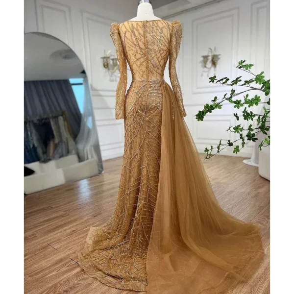 Gold Wedding Dresses: Mermaid Beaded Luxury Evening Gown with Overskirt - Image 2