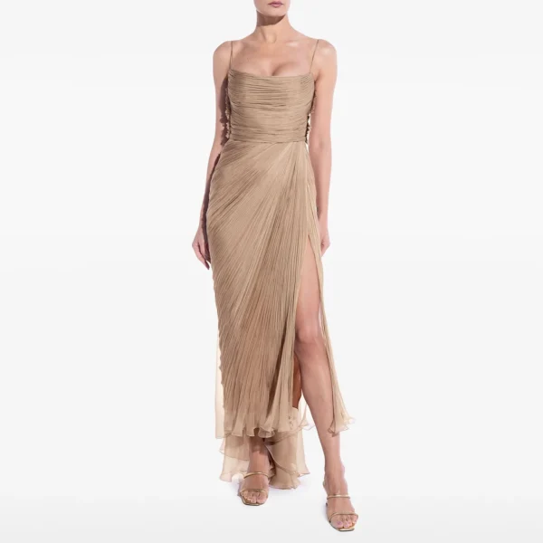 Elegant Gold Spaghetti Evening Dress with High Slit Arabic Gown