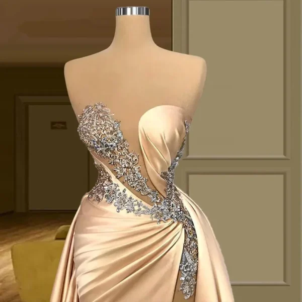 Champagne Gold Mermaid Prom Dress With Applique Beading Split - Image 2