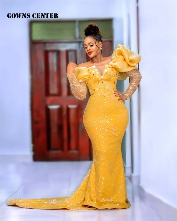 Gold wedding dresses, long sleeve mermaid sequined luxury African gown