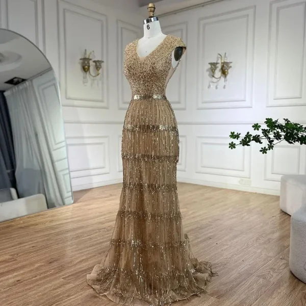 Serene Hill Luxury Dubai Arabic Mermaid Gold Beaded Evening Gown - Image 3