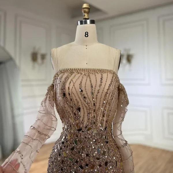 Gold wedding dresses, off-shoulder mermaid beaded elegant party gowns - Image 3