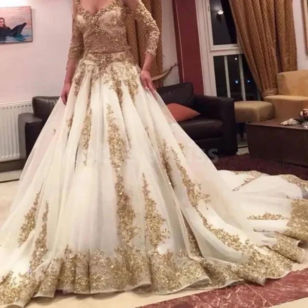 Two Pieces Wedding Dresses White Gold Applique V-Neck Bridal Gowns
